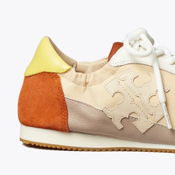 TORY BURCH TORY SNEAKER NYLON/LEATHER/SUEDE T LOGO IVORY/TAN/RUST SZ US 11 - Picture 3 of 8